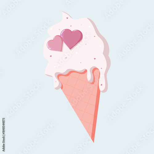 Cute pink ice cream cone decorated with heart toppings and tiny sprinkles. Soft pastel style creates a sweet romantic mood perfect for Valentine s cards, stickers, posters, and playful love themed