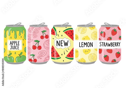 Set of five colorful soda or juice beverage cans featuring different fruit flavors like apple, cherry, watermelon, lemon, and strawberry