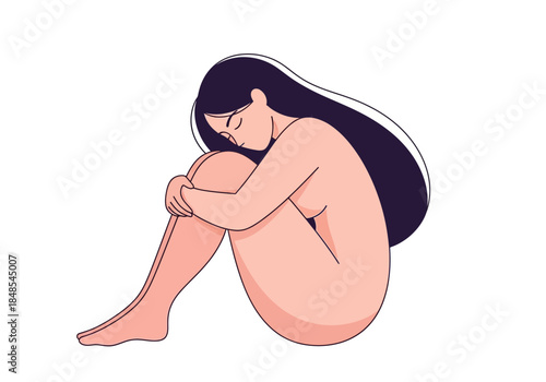 Stylized illustration of a nude woman sitting in a fetal position with long dark hair