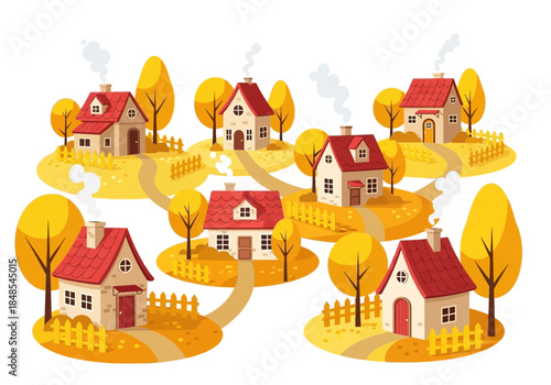 Charming autumn village scene with cozy little houses nestled on yellow hills with smoke coming from chimney