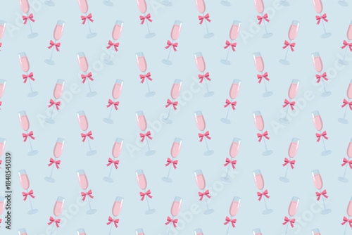 Seamless pattern of pink champagne glasses and bows on soft blue. Festive pastel design for wrapping paper, textiles, stationery, party decor and romantic Valentine themes