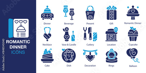 Romantic Dinner Icon set. Containing candlelight, wine, champagne, glasses, table, meal and more. Solid vector icons collection. Vector illustration.