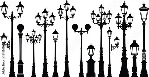 Vintage street lamp silhouette collection, classic lantern post variations, decorative wrought iron outdoor lighting set, black vector illustration