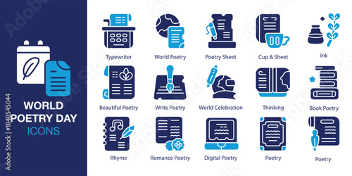 World Poetry Day Icon set. Containing literature, writing, author, book, reading, art and more. Solid vector icons collection. Vector illustration.