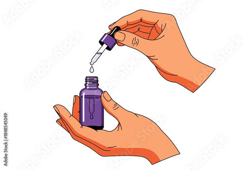 Close up of hands holding small purple dropper bottle and applying liquid serum drop for skincare routine