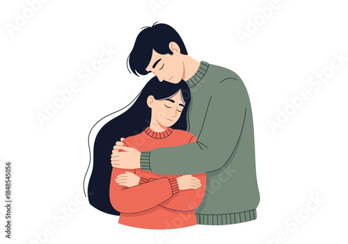 A caring man gently embraces a sad woman from behind, offering comfort and support