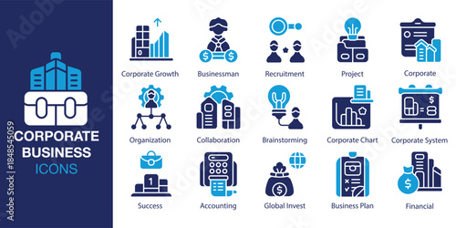 Corporate Business Icon set. Containing executive, meeting, teamwork, strategy, finance, profit and more. Solid vector icons collection. Vector illustration.