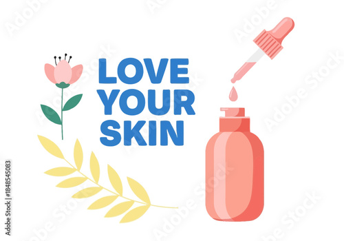 Illustration promoting selfcare and skincare with a dropper applying serum to a bottle and floral element