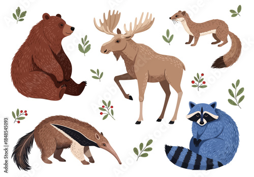 Collection of cute cartoon wild animals including bear, moose, weasel, raccoon, and anteater with foliage elements
