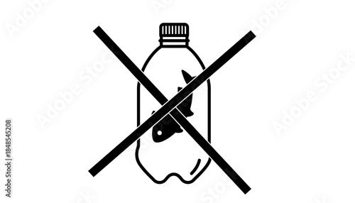 No plastic bottle with fish inside crossed out, symbolizing environmental protection and anti-pollution efforts.