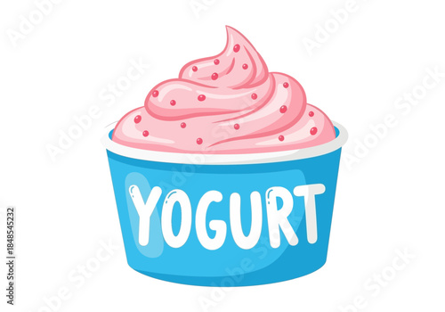 Cute cartoon illustration of pink strawberry frozen yogurt in a blue cup with the word yogurt written on it