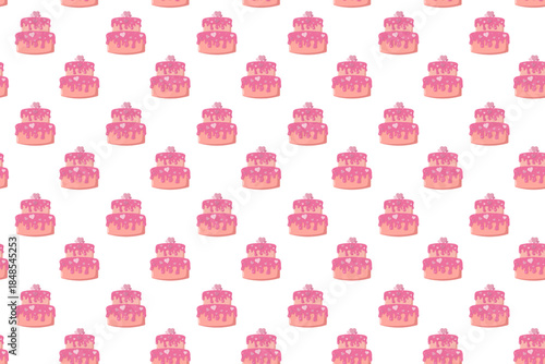 Seamless pattern of pink frosted cakes with floral toppers on a clean white background. Sweet pastel design for wrapping paper, textiles, stationery, party decor and romantic Valentine themes