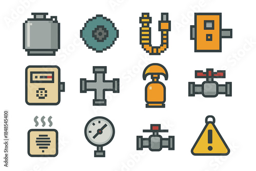 Gas Equipment Icons. Gas Distribution Set set of icons in flat pixel vector style: storage tank, regulator knob, flexible hose, cutoff switch, meter box, pipe junction, safety