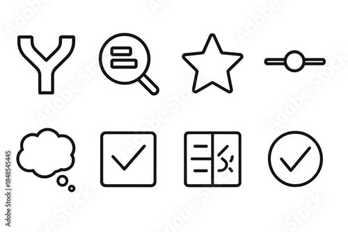 Decision Making Icons. Reasoning & choice elements linear set: decision fork, analysis token, priority star, option slider, reasoning bubble, outcome tile, clarity icon, choice