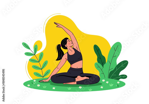 Woman practicing side bend yoga pose sitting on grass surrounded by lush green foliage with bright yellow abstract shape background