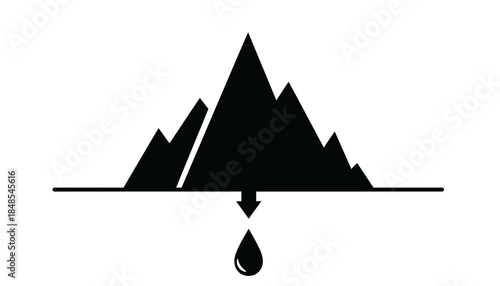Black and white vector illustration of mountains with a water drop, symbolizing water resources and nature.