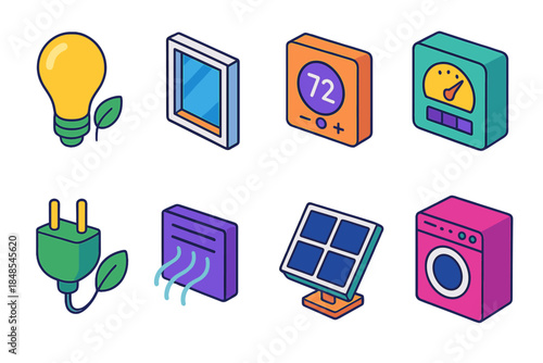 Energy-Efficient Icon Set. Energy-Efficient Home isometric flat set: LED bulb, insulated window, smart thermostat, energy meter, eco-friendly plug, airflow vent, solar panel tile,