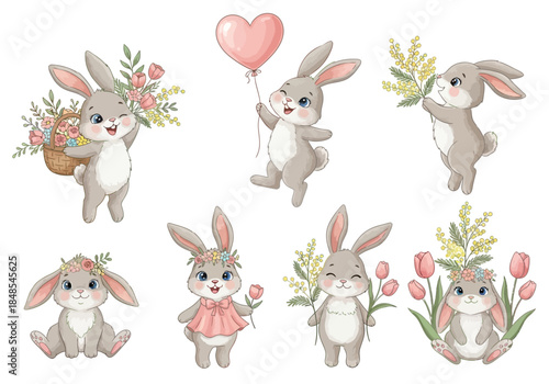 Set of cute cartoon baby bunny rabbits with flowers, balloon, and basket for easter or spring celebration