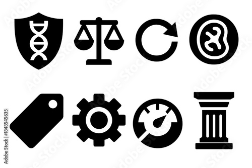 Cell Longevity Icons. Cell Longevity Framework silhouette set: telomere-protection badge, metabolic balance bar, renewal-phase arrow, mitochondrial resilience orb, protein-quality