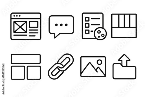 Website Design Icons. Collaborative Site Building linear set: shared wireframe, comment bubble, style guide sheet, color palette, component block, link chain, image placeholder,