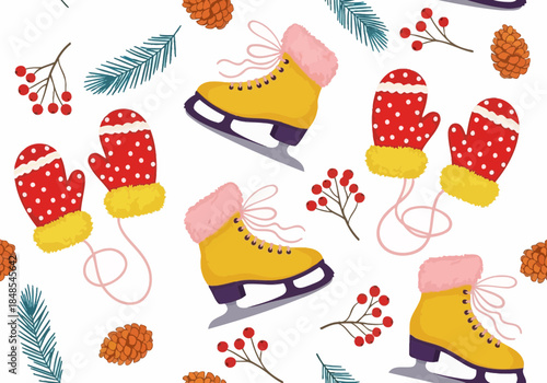 Seamless pattern with cute yellow ice skates and red mittens, winter holiday theme