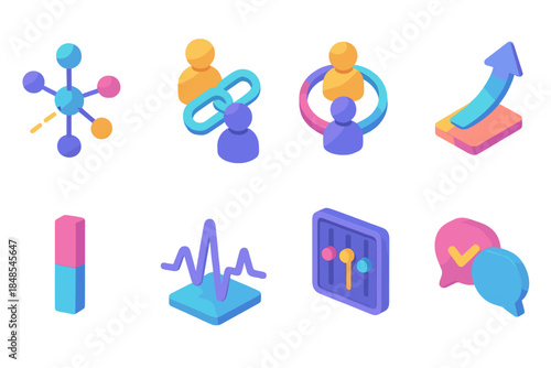 Isometric Vector Icons. Collaborative Autonomy Concepts flat isometric set: shared-control node, cooperative agent link, distributed decision ring, coordination pathway arrow,
