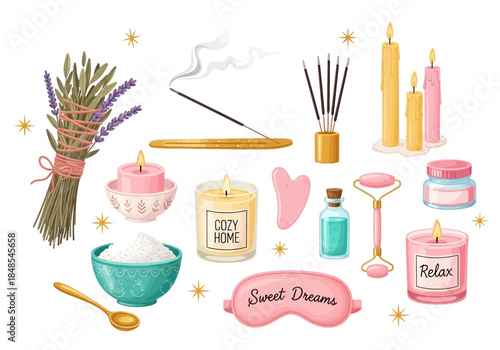Collection of spa and relaxation items including lavender, candles, incense, bath salt, and face roller