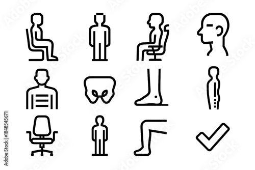 Posture Icon Set. Sitting & Standing Guide Icons set of icons in flat pixel vector style: seated posture outline, upright standing figure, lumbar-supported seat, aligned head icon,