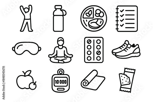 Healthy Daily Icons. Healthy Routines Set linear set: morning stretch, water bottle, balanced plate, daily planner, sleep mask, meditation pose, vitamins pack, walking shoes, fresh