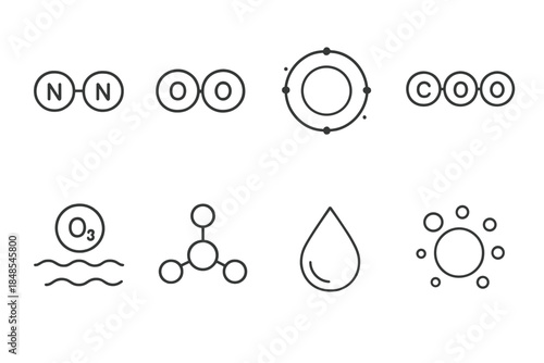 Atmospheric Gas Icons. Atmospheric Gas Components in outline black lines style: nitrogen molecule, oxygen molecule, argon atom, carbon dioxide molecule, ozone layer symbol, methane