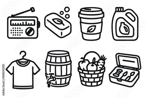 Sustainable Living Essentials. Eco-Aware Daily Tools linear set: hand-crank radio, biodegradable soap, reusable coffee cup, eco laundry detergent, thrifted clothing, rainwater