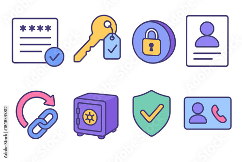 Identity Recovery Icons. Identity recovery tools set isometric flat set: recovery code sheet, backup key, encrypted token, identity form, reset link icon, secure vault,