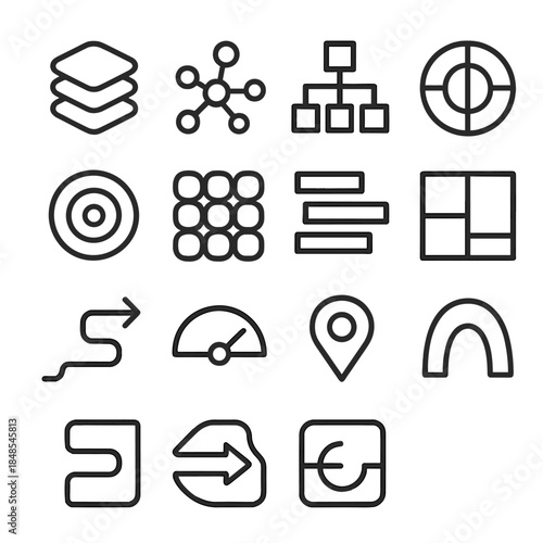 Abstract Cognition Icons. Complex Thinking Models linear set: layered cognition tile, idea web node, logic-tree bar, pattern fusion ring, abstract signal dot, reasoning patch,