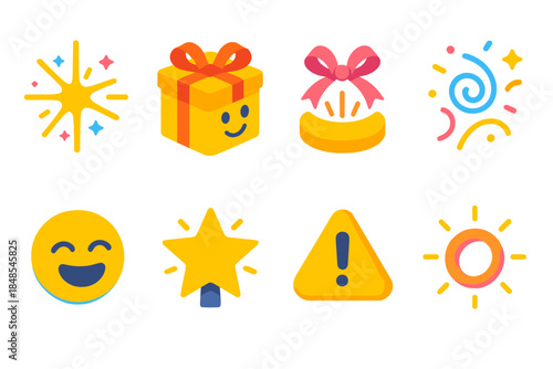 Joyful Icon Set. Surprise & Delight Concepts isometric flat set: spark burst, smiling gift box, surprise ribbon pop, joyful confetti swirl, delighted face icon, uplifting star,