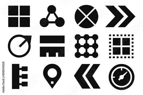 Brutalist Microarchitecture Icons. Microarchitecture Pattern Systems silhouette set: pipeline stage tile, pattern-guided scheduler node, cache-set ring, execution path stripe,