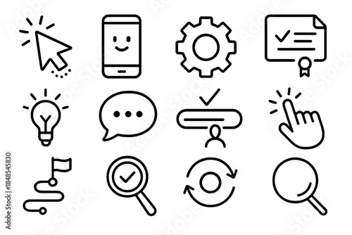 Guided Tech Progress. Tech Confidence Building linear set: guided cursor arrow, friendly device icon, simple settings gear, clear instruction card, success checkmark, calm tech