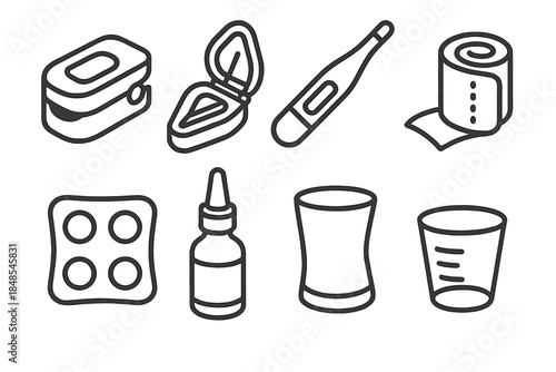 Everyday Health Icons. Everyday health devices linear set: finger pulse sensor, pill splitter, thermometer wand, elastic bandage, gel cooling pack, saline rinse bottle, support