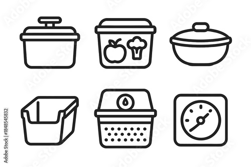 Food Storage Icons. Fresh-Keeping Containers linear set: vacuum-seal tub, produce keeper, sealed bowl, fridge bin, moisture-control box, freshness gauge.