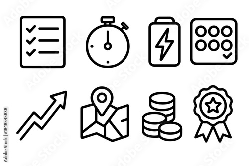 Motivation Icon Set. Productivity & Motivation Set linear set: priority list, timer circle, energy boost icon, habit tracker, momentum arrow, goal map, progress tokens,