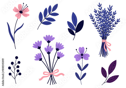 Collection of delicate hand drawn floral elements and botanical sprigs in soft pink and deep blue colors