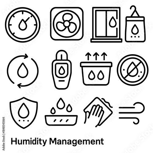 Indoor Humidity Icons. Indoor Humidity Management Symbols linear set: humidity dial, dry-air fan, sealed window frame, moisture absorber bag, airflow cycle arrow, damp-spot