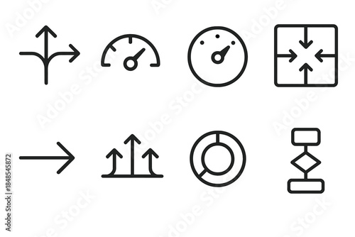 Decision Making Icons. Route-Based Decision Framework linear set: branching scenario fork, conditional route meter, weighted option dial, choice-network tile, decision-step arrow,