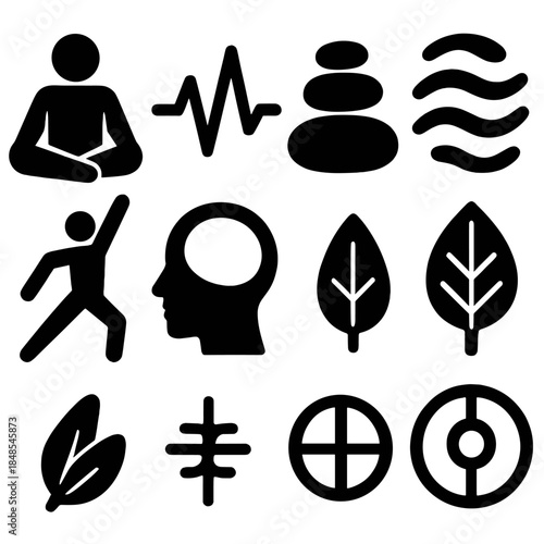 Harmony Icon Set. Mind–Body Harmony Practices silhouette set: meditation pose, heartbeat line, balanced stones, gentle breath waves, stretching figure, calm mind bubble, grounding