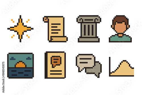 Pixel Art Brand Icons. Brand Story Elements pixel style set: origin spark, mission scroll, value pillar, audience profile, vision horizon, tone guide card, message thread,