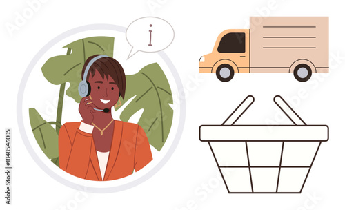 Customer support agent wearing a headset, delivery truck, and shopping basket. Ideal for e-commerce, delivery service, online shopping, logistics management, customer assistance, communication
