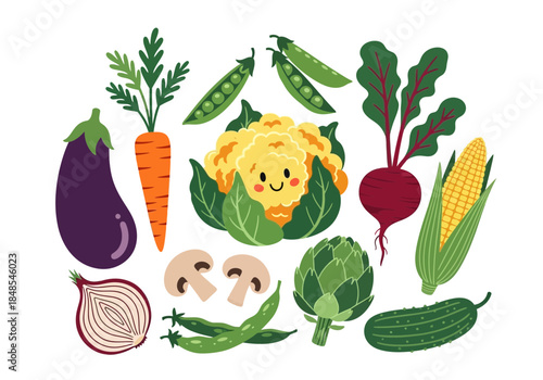 Cute cartoon collection of various fresh healthy vegetables including carrot, cauliflower, eggplant, beet, corn, and onion
