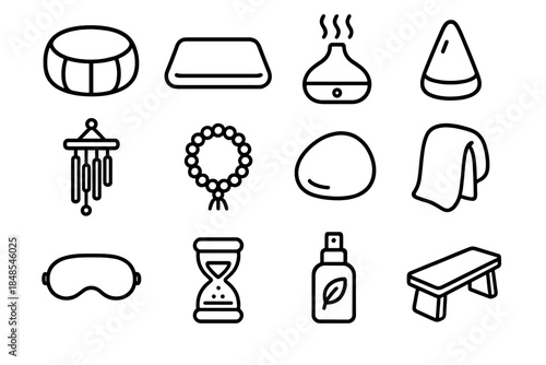 Mindfulness Practice Icons. Mindfulness Practice Items linear set: zafu cushion, zabuton mat, aroma diffuser, incense cone, sound chime, prayer beads, grounding stone, soft wrap