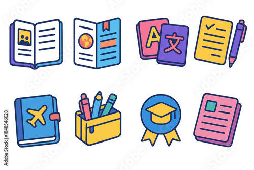 Vibrant Study Icons. International study materials isometric flat set: course guide, cultural info page, language flashcards, assignment sheet, travel notebook, study kit, learning