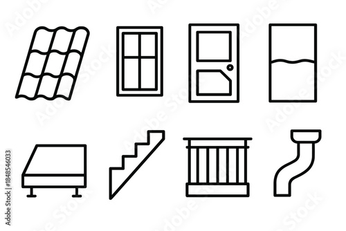 Residential Building Icons. Residential building components set linear set: roof tile, window frame, front door, exterior wall panel, foundation slab, staircase icon, balcony rail,