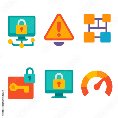 Cybersecurity Icon Suite. OT Threat Mitigation Frameworks flat set: protected control node, anomaly alert icon, segmented network map, safety interlock switch, secure command tile,
